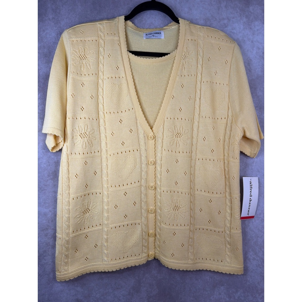 NWT VTG 90s‎ Alfred Dunner Cardigan Women XL Yellow Americana Knit Heart Floral